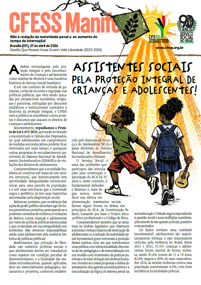 CFESS Manifesta: Não à redução da maioridade penal e  ao aumento do  tempo de internação!